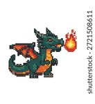 A small green pixel dragon, spraying the fire from his mouth.