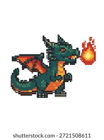 Ein kleiner grüner Pixeldrache, der das Feuer aus seinem Mund sprüht.