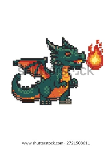 A small green pixel dragon, spraying the fire from his mouth.