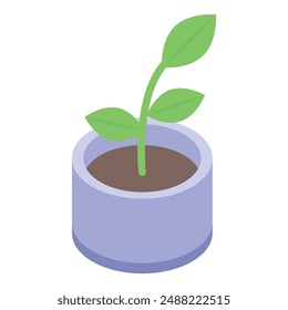 Small green plant is growing from a purple pot filled with soil