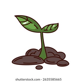 Small green plant with two leaves sprouting from dark soil. Groovy cartoon doodle style. Vector illustration for farming, gardening, eco themes, or organic design.