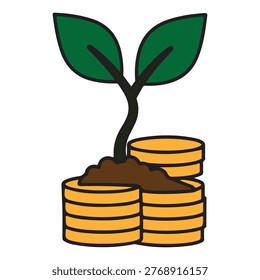 A small green plant with two leaves sprouts from a pile of soil resting on stacks of gold coins.