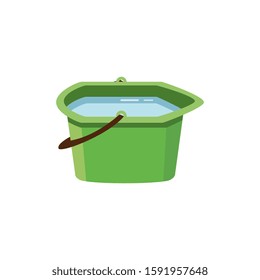 Small green plastic water bucket or pelvis full of water flat vector illustration isolated on white background. Household tool and equipment item for home cleaning.
