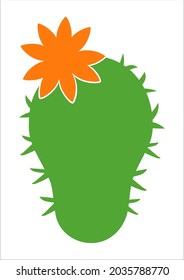 Small green prickly cactus with orange flower vector, small succulent flat illustration, blooming cactus silhouette, simple cactus blooming with orange flower, orange cactus flower 