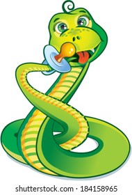 Small green snake with forelock keeps baby pacifier.