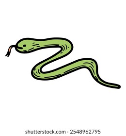 Pequena mão de cobra verde desenhada plana. Animal perigoso com corpo longo contorcendo. Viper, python, anaconda, cascavel. Criatura venenosa. Ilustração de desenho animado vetorial.