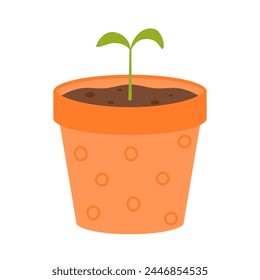 A small green sprout sprouts in a pot. Seedlings. Vector illustration on a white background.