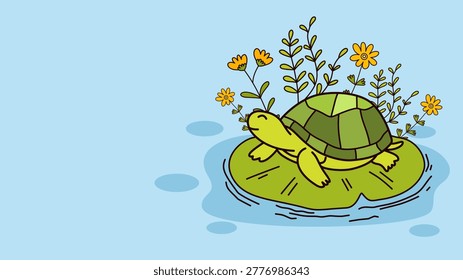 small green turtle sitting on leaf in water