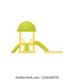 Small green water slides with pools. Aqua park equipment. Fun attraction for kids. Flat vector design