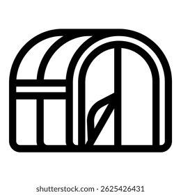 Small greenhouse with open door allowing ventilation, promoting healthy plant growth, simple black and white icon