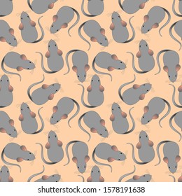 Small grey mice on light-orange background. Seamless pattern. Vector graphics.