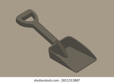 Small grey plastic toy shovel or garden trowel shown in isometric perspective on a neutral brown background.