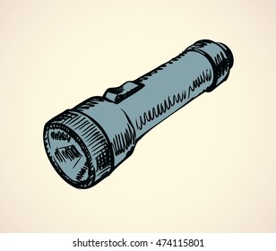Small grey pocket torch with battery and switch isolated on white background. Freehand outline ink drawn backdrop sketchy in art scrawl style pen on paper. View close-up with space for text