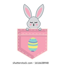 A small grey rabbit looks out of a pink pocket. The Easter egg is drawn on the pocket.Vector illustration