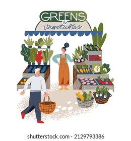 Small grocery shop in local food market with work of owner greengrocer vector illustration. Cartoon happy woman seller standing with fresh organic vegetables and greens, customer with basket buying