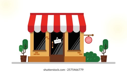 A small grocery store illustration with a classic red and white awning. The exposed brick wall and green plants give a warm feel. Perfect for retro-themed design projects.