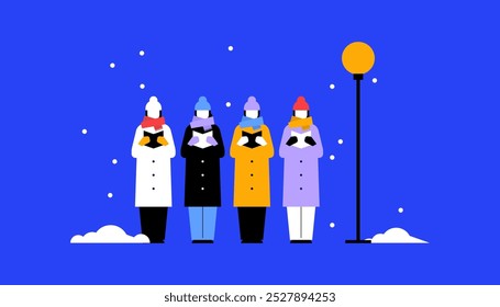 
Eine kleine Gruppe von Carolern, gekleidet mit traditionellen Wintermänteln und Schals, singen festliche Melodien auf einer schneebedeckten Straße. minimaler Illustrationsstil