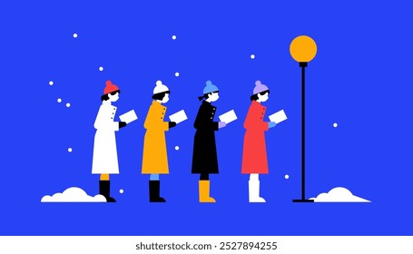 
A small group of carolers, dressed in traditional winter coats and scarves, singing festive tunes on a snowy street. minimal illustration style