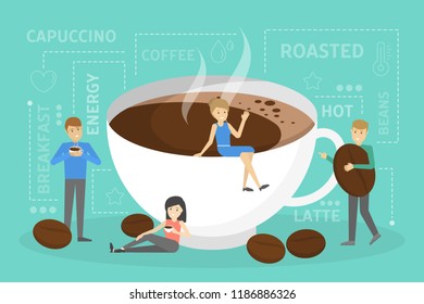Small group of character sitting around big cup of coffee. People drinking hot drink together. Downsizing man holding coffee bean. Vector flat illustration