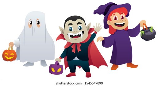 A small group of children masked as ghost, witch and vampire for Halloween.