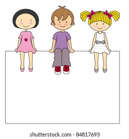 Small group of children sitting on a sign. vector