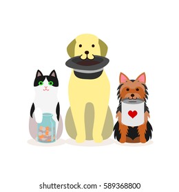 Small Group Of Dogs And Cat With Donation Box