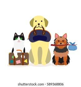 Small Group Of Dogs And Cat With Travel Bag