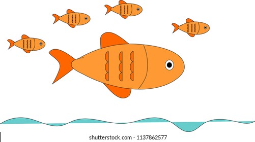 Small group of small fish icons with river taxers Orange drawing lines Vector drawing