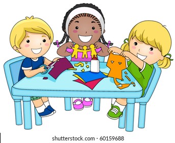 A Small Group of Kids Making Paper Cutouts - Vector