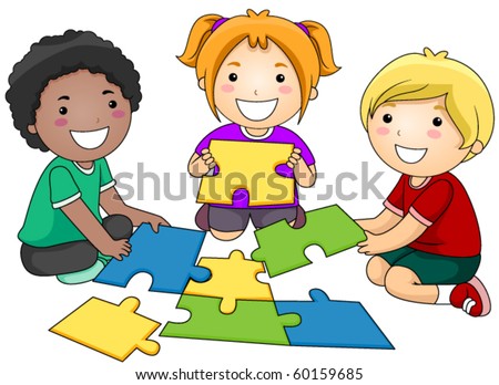 Small Group of Kids Re-constructing a Jigsaw Puzzle - Vector