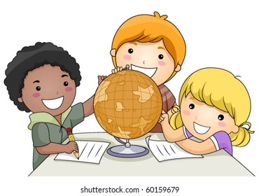 A Small Group of Kids Studying a Globe - Vector