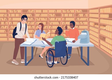 Small Group Meeting At Library Flat Color Vector Illustration. School Children Studying Together. Teambuilding. Fully Editable 2D Simple Cartoon Characters With School Environment On Background