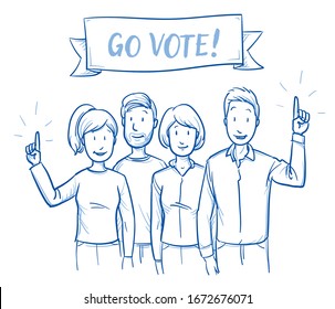 Small group of mixed adult people, some raising hands, concept for voting survey and election. With go vote promotion sign. Hand drawn blue outline line art cartoon vector illustration.