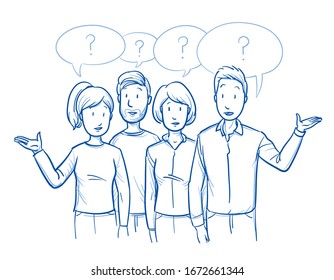 Small group of mixed people, looking worried and confused, asking questions. Hand drawn blue outline line art cartoon vector illustration.