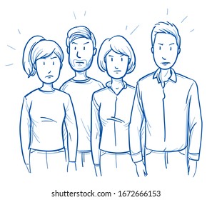 Small group of mixed people, looking angy and annoyed. Concept for negative feedback or angry clients or citizens. Hand drawn blue outline line art cartoon vector illustration.