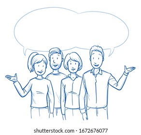 Small group of mixed people, looking happy and satisfied, talking, with speech bubble. Hand drawn blue outline line art cartoon vector illustration.