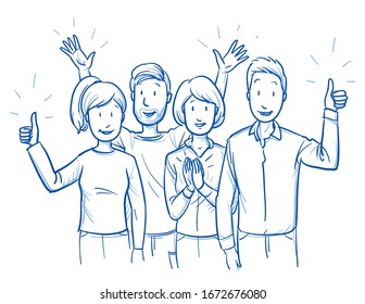Small Group Of Mixed People, Looking Happy And Satisfied, Cheering And Clapping Hands. Hand Drawn Blue Outline Line Art Cartoon Vector Illustration.