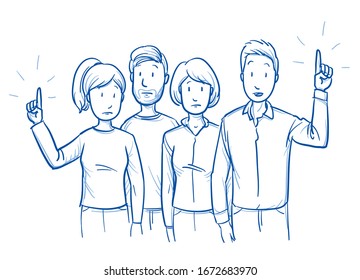 Small group of mixed people, looking worried, afraid or sad, some raised their hands. Concept for survey. Hand drawn blue outline line art cartoon vector illustration.