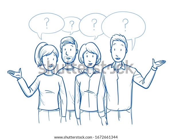 心配そうで混乱した様子で 質問をする雑然とした人々の小さなグループ 手描きの青い輪郭線アートのカートーンベクターイラスト のベクター画像素材 ロイヤリティフリー