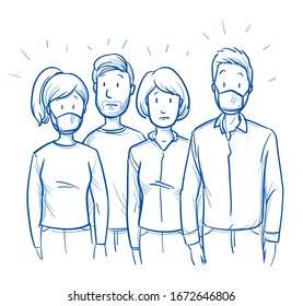 Small group of mixed people, with respirator masks looking worried or afraid. Concept for infection prevention an corona crisis. Hand drawn blue outline line art cartoon vector illustration.