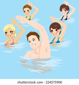 Small group of people making aqua gym exercises with hands up at swimming pool