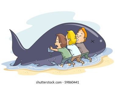 Un pequeño grupo de personas empujando a una ballena alcanzada de vuelta al océano - vector