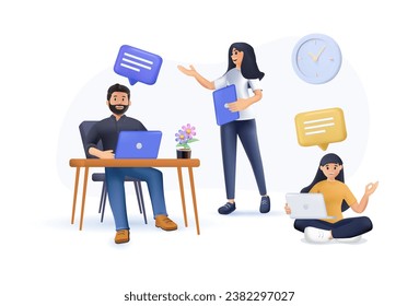 Pequeño grupo de personas trabajando en equipo 3D de hombres y mujeres de negocios casuales trabajando en computadora y hablando juntos. Ilustración vectorial de diseño plano con fondo blanco