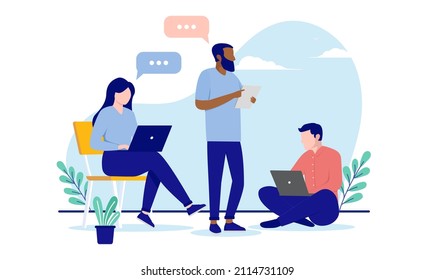 Small Group Of People Working - Team Of Casual Business Men And Woman Working On Computer And Talking Together. Flat Design Vector Illustration With White Background