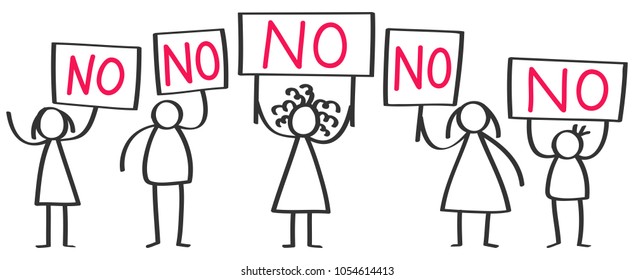 Small group of protesting stick figures, men and women holding up boards saying NO isolated on white background