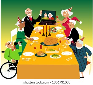 Small Group Of A Retirement Home Residents Having A Turkey Holiday Dinner With Their Friends Joining Them Via Video Chat,  EPS 8 Vector Illustration