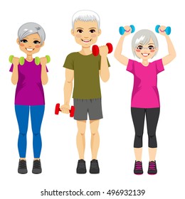 Small group of senior people exercising dumbbell workout