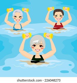 Small group of senior women making aqua gym exercises with dumbbells in swimming pool at the sports center