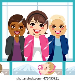 Small group of women admiring newborn baby resting on maternity hospital