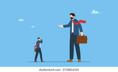 El hombre de negocios Pequeño se enfrenta a un gran competidor. Gran competidor empresarial, obstáculo de carrera, conflicto con el jefe, superar las dificultades en el trabajo o empresario, PYME, Empresa Pequeña y Mediana.